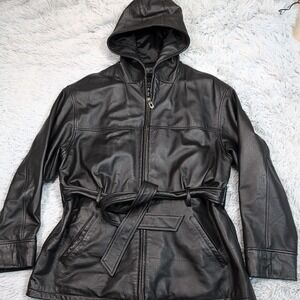 Leather Limited Jacket Womens L Black Leather Hood Removable Liner Belted Zip‎
